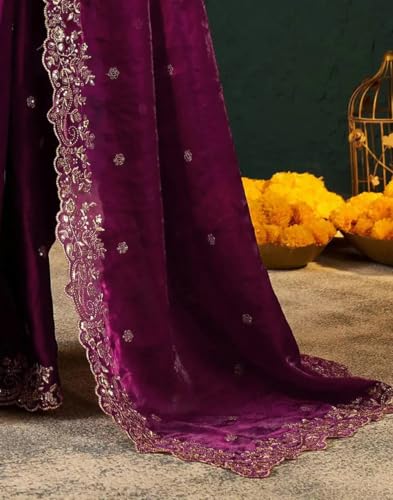 Image of Sidhidata Women's Soft Fandy Satin Embroidered Saree With Multi Sequence Cut Work Boarder & Comes With Unstitched Blouse Piece (Jimmy Free Size)
