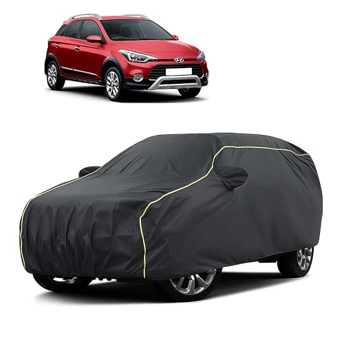 Image of Sulfar 100% Water Resistant Car Body Cover Compatible with Mirror for Hyundai i20 Active (Triple Stitched, Full Bottom Elastic, Dark Grey Taffeta with Yellow Piping)