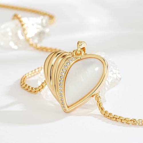 Fettero Dainty MOP Necklaces for Women, 14K Gold Plated Heart Cross Teardrop Pendant Cute Charm Neclace Delicate Pearl Beach Gold Necklace for Women Jewelry Gift