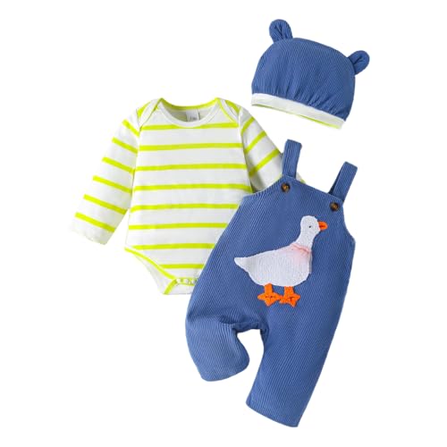 LUVCES Baby Kleidung für Jungen Langarm Gestreifter Strampler + Süßer Hosenträger Overall mit Cartoon Tieren + Mütze für Junge 3Pcs Herbst Outfit Grün gestreifte Gans 0-3 Monate