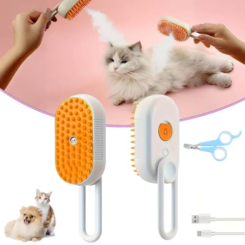 Cat Steam Brush, 4 in 1 Pet Grooming Comb with Spray Function for Shedding, Quick & Easy Pet Hair Remover, Massaging & Deshedding - Anti-Static, Moisturizing, USB Rechargeable for Dogs & Cats (White)