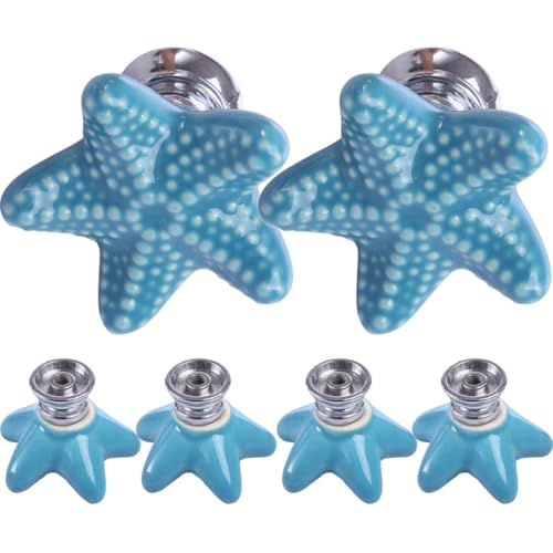 HOLIDYOYO 6 piezas Tiradores Cerámicos para Armarios con Diseño Estrella de Mar Azul Tiradores de Cajón Decorativos para Cocina Baño y Dormitorio Infantil Fáciles de Instalar Completo para