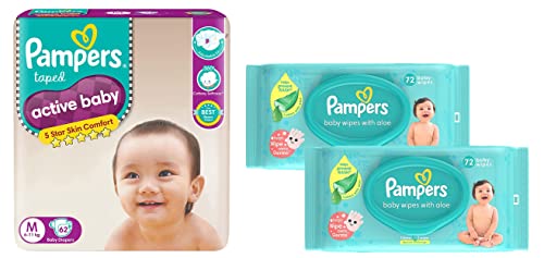 Image of Pampers Active Baby Taped Diapers, Medium size diapers, (M) 62 count, taped style custom fit & Baby Gentle Wet Wipes with Aloe Vera 144 Wipes