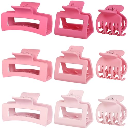 CHANDAT Medium Claw Hair Clips Set for Women - 3 Styles 9PCS Rectangle Hair Clips for Thick Hair Square Clips for Thin Hair - Pink