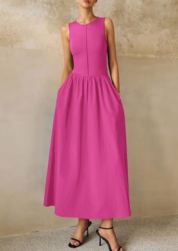 Image of PRETTYGARDEN Maxi Dresses for Women 2026 Summer Casual Sleeveless Patchwork Flowy Vacation Sundress Knit Long Work Tank Dress