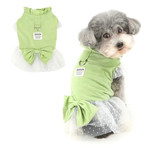 RANPHY 犬 服 春 夏 犬の服 超小型犬 小型犬 子犬 かわいい 蝶結び 付 お姫様ワンピース 半袖フリル 涼しい薄手 ドットチュールスカート 女の子 春夏服 猫服ペット洋服型ハーネス 部屋着お散歩撮影写真Dリング付,グリーン,XS