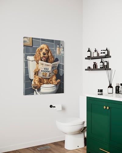 Image of Cocker Spaniel on Toilet Wall Art Print Canvas Wrapped, Dog Bathroom Humor Decor Posters Prints for Restroom Home Picture Painting Artwork Gallery 7 (Cocker Spaniel, 20 inchL x 16 inchW CANVAS, Wrapped Canvas)
