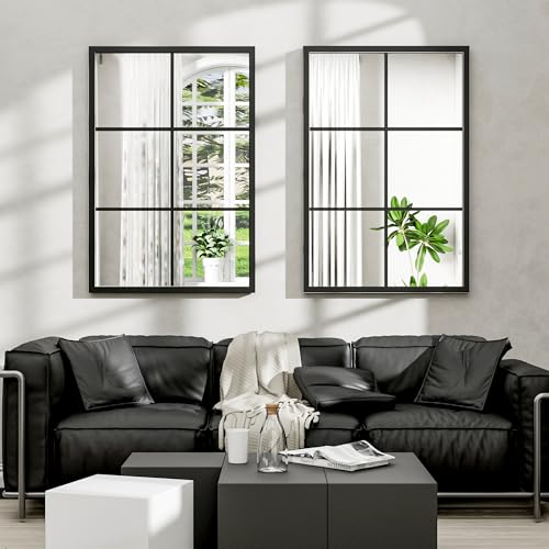 Image of Dewfig Rectangle Wall Mirror, 36 inchx24 inch Metal Frame Windowpane Mirror, Black