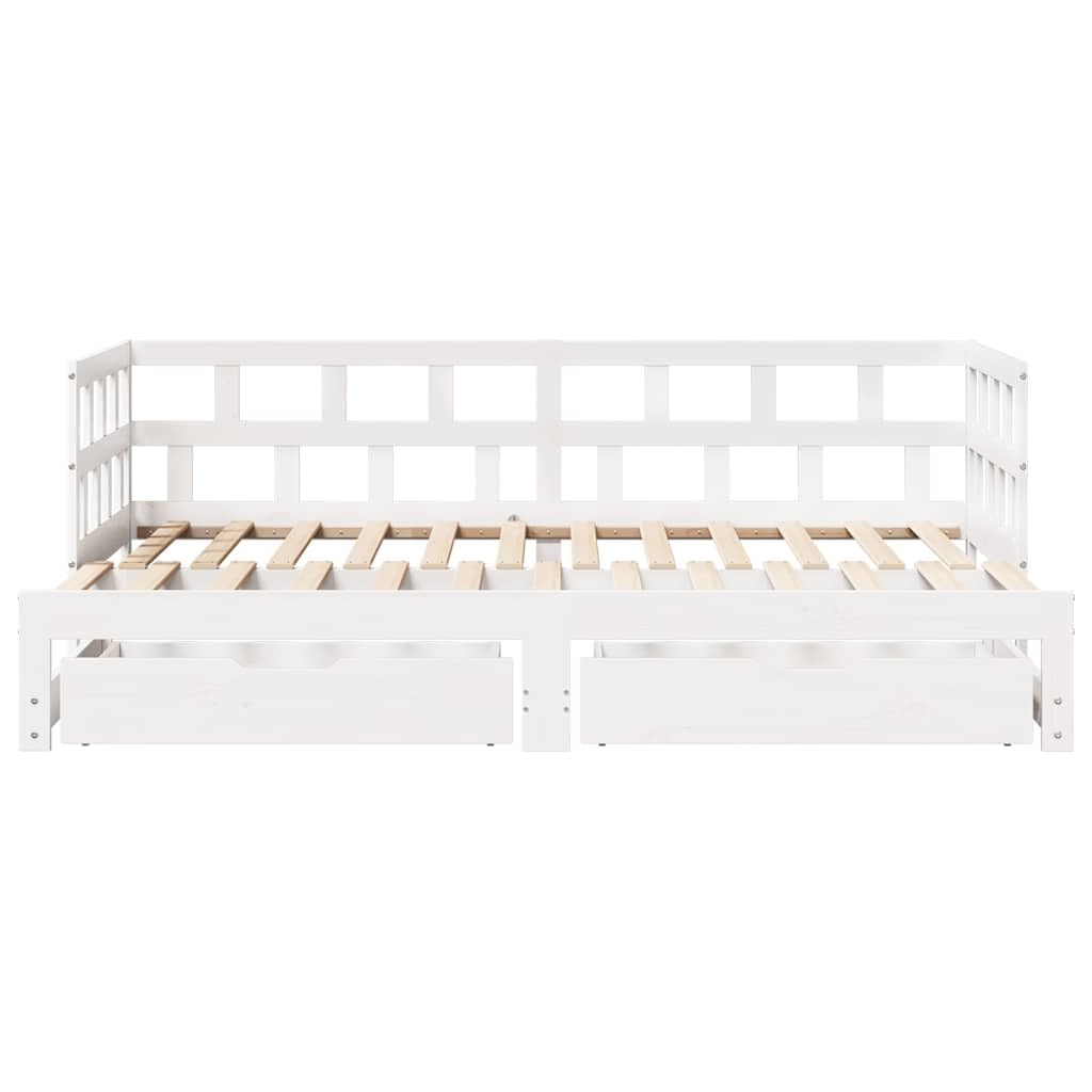 Rozkładane łóżko dzienne z litego drewna sosnowego, sofa 2 w 1 z 2 szufladami do przechowywania, biała rama łóżka 90 x 200 cm, uniwersalny mebel bez materaca, pokój gościnny i salon
