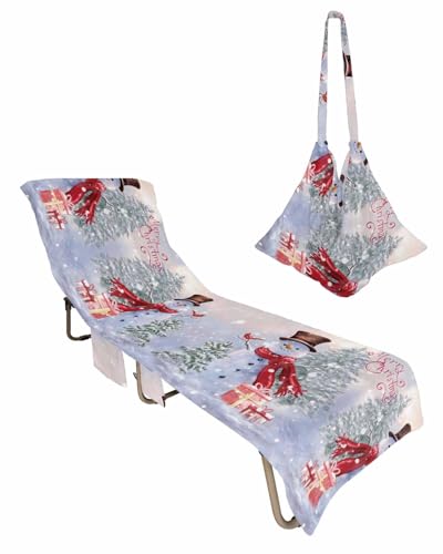 Winter Snowman Christmas Beach Lounge Chair Towel Cover, Soft Chaise Lounge Towel with Side Pockets Patio Pool Chairs Cover for Beach/Pool Sunbathing 29x85 Xmas Tree Snowflake Gifts