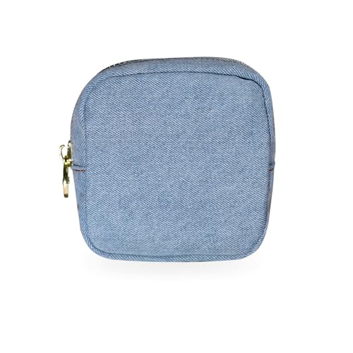 dreamie - Denim Makeup Bag, Travel Cosmetics Pouch, Toiletry Bag, Gold Zipper Pouch Purse, Cute Make Up Organizer Storage Tote for Women Girls, Travel Skincare, Small Makeup Bag - Denim Blues