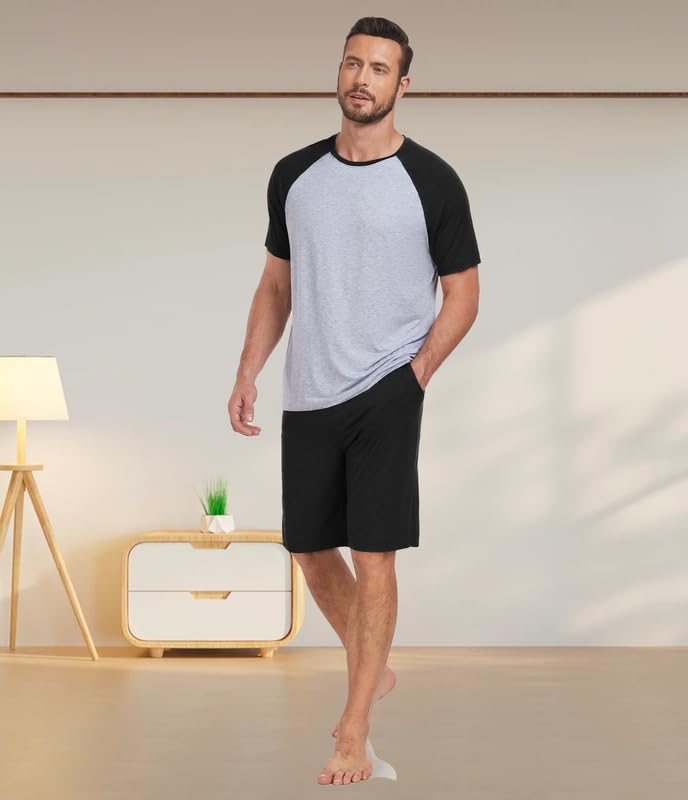 Image of CF Mens Bamboo Pajama Sets Shorts Summer 2 Piece Sleepwear Shorts Lightweight Mens Pajamas Rayon Cool Pjs Set Loungewear