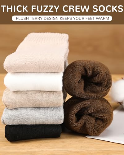 Image of Shihanee 12 Pairs Neutral Socks for Women Fuzzy Thermal Brown Crew Boot Socks Casual Aesthetic Slouch Warmer for Athletic Fall Boot Essentials