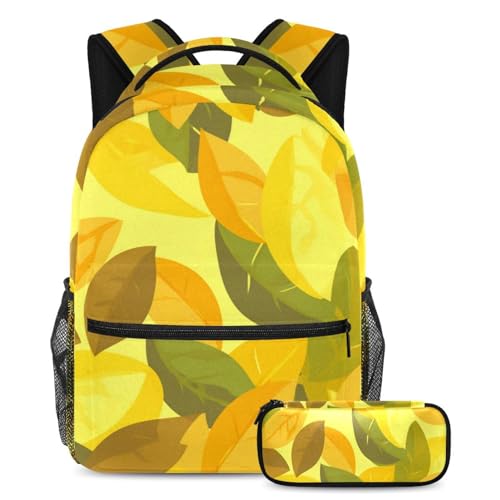 Ensemble sac à dos et trousse motif feuilles jaunes grand format