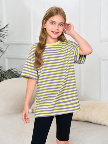 Image of Haloumoning Girls Striped Short Sleeve T Shirts Kids Summer Oversized Tops Casual Crewneck Tees 5-14 Years