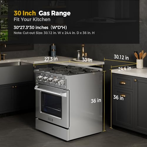 Image of Empava Gas Range, Convection Oven 4.2 Cu. Ft with 4 Deep Recessed Burners Cooktop, Heavy Duty Continuous Grates in Stainless Steel, Freestanding & Slide-in,30.05 Inch