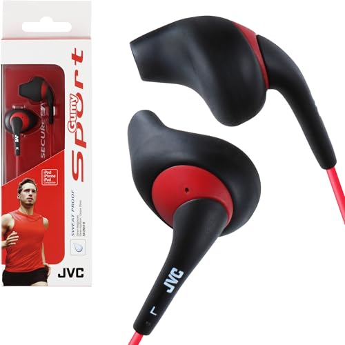 JVC Black and Red Nozzel Secure Comfort Fit Sweat Proof Gumy Sport Earbuds with long colored cord...