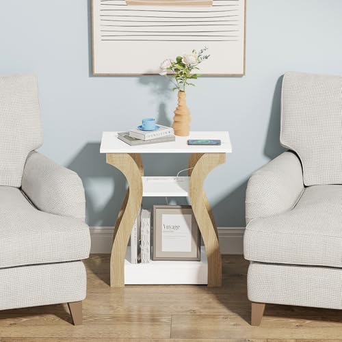 FROMJBEST End Table with Charging Station, Side Table with USB Ports and Outlets, Nightstand, 3 Tier End Table with Storage Shelf for Living Room, Bedroom (White)