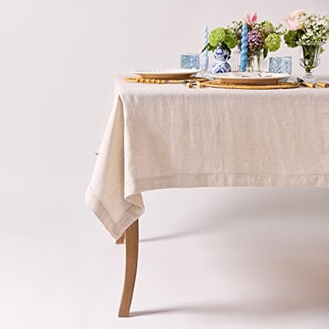 CLIO & CLOVER Linen tablecloth - 100% pure linen natural tablecloth - Hemstitched edge natural table cloth - 150 x 250cm for 6-8 seater table - By London brand, Clio and Clover Cover
