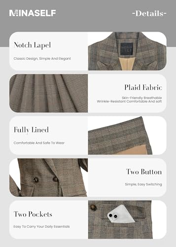 Mina Self Women's Houndstooth Plaid Blazer Jacket - Fully Lined Button Lapel Casual Elegant Work Office Suit With Pockets