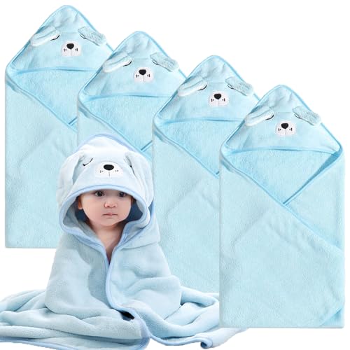 Image of kmilro Baby Essentials Hooded Towel Set, 4-Pack Soft Ultra Absorbent 31.5x31.5 inch Towels for Boy and Girl, Toddler, Infant (Blue Dog)