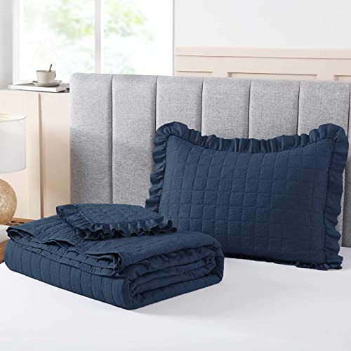 Hiaruo 3-Piece Queen Quilt Set - Soft Warm Pleated Ruffled Reversible Coverlet Bedspread Set (90 X 90 Inch) With 2 Pillow Sham (20 X 26 Inch), Navy #TOP3