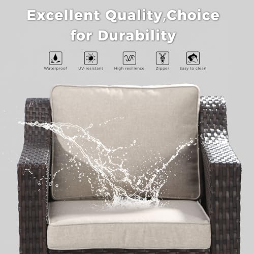 Image of 3 Piece Patio Furniture Set, Wicker Outdoor Conversation Set | Patio Chair Set with Olefin Removable Cushion, All-Weather Glider Swivel Chair Set with Deep Seat for Porch, Deck, Beige