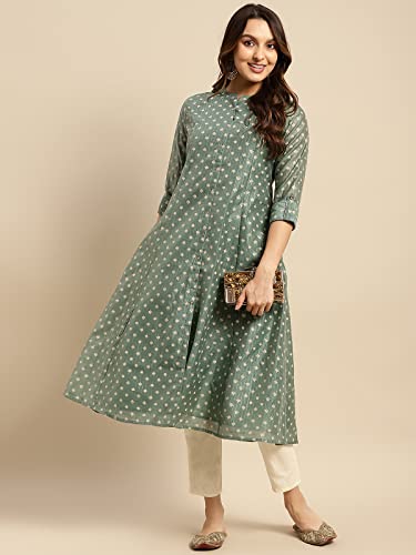 Image of rangita Off White Chanderi Calf Length Printed Flared Kurti for Women | Kurta for Women