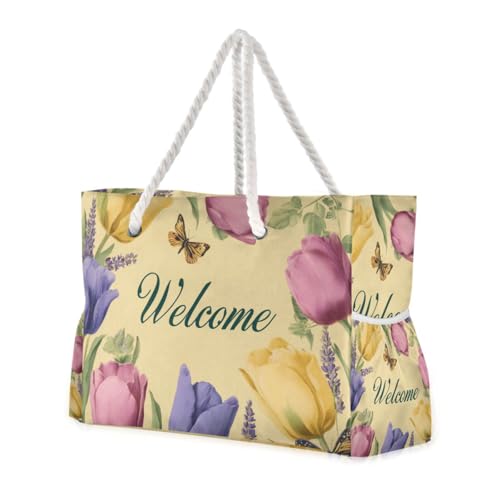 OTVEE Colorful Tulip and Welcome Patterns Beach Bags for Women Ladies Large Canvas Tote Shoulder Bag Waterproof Travel Bags for Gym Swim Pool Camping