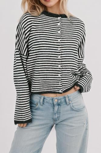 Women Trendy Button Down Striped Knit Cardigan Casual Loose Fit Long Sleeve Drop Shoulder Button Sweater Fall4