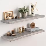 Realgulf Live Edge Floating Shelves Set of 2, 32 Inch Solid Elm Wood Wall Shelves - Invisible Bracket Mount for Living Room, Bedroom, Kitchen, Bathroom | Weathered Gray