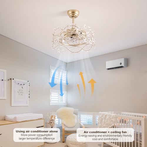 Image of 20 inch Gold Fandelier Ceiling Fan with Light, Flower Crystal Chandelier Ceiling Fan with Light and Remote Control, Modern Caged Enclosed 6 Speeds for Girl's Bedroom, Nursery, Living Room