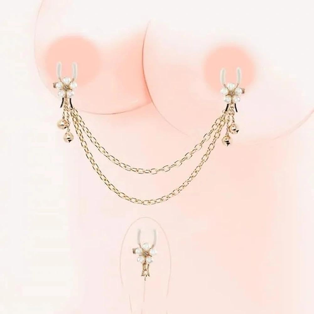 Pearl Nipple Clamp Body Chain for Women Adjustable Non-Piercing Nipple and Clit Clamp with Bells Stainless Steel Jewelry for Body Decoration Geiwogwc