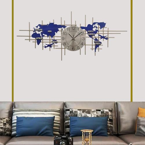 Horloge murale moderne avec carte du monde bleue en métal pour décorer sans bruit le salon