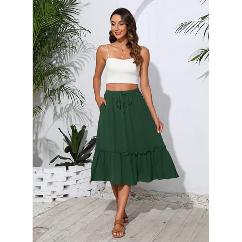 Image of Witsmile Summer Skirts for Women Bohemia Womens Midi Skirt High Waist Pleated Tiered Cover-up(Dark Green,2XL)