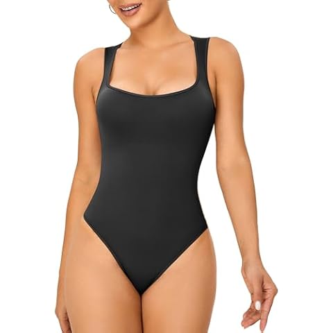 HOMETA Womens Sexy Square Neck Shapewear Bodysuits Sleeveless Tapered Shoulder Straps Tank Tops Thong Jumpsuits Cover
