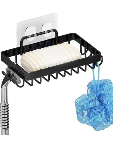 Image of Soap Holder for Bathroom, 304 Grade Stainless Steel Self Adhesive Wall Mounted Soap Tray with 4 Hooks, Soap Dish Case Waterproof, RustProof, Quick Drying (Pack of 2, Black)