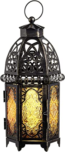 Needomo Moroccan Style Lantern Decorative, 12.8'' Vintage Metal Lantern Candle Holder Hanging Lantern For Ramadan, Tabletop Lantern Lamp For Home Decor Indoor Outdoor (Amber) #TOP7