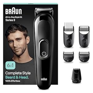 Braun 6-in1 All-in-One Style Kit Series 3, Male Grooming Kit with Beard Trimmer, Hair Clippers & Precision Trimmer, with Lifetime Sharp Blades, Gifts for Men, UK 2 Pin Plug, MGK3420, Black