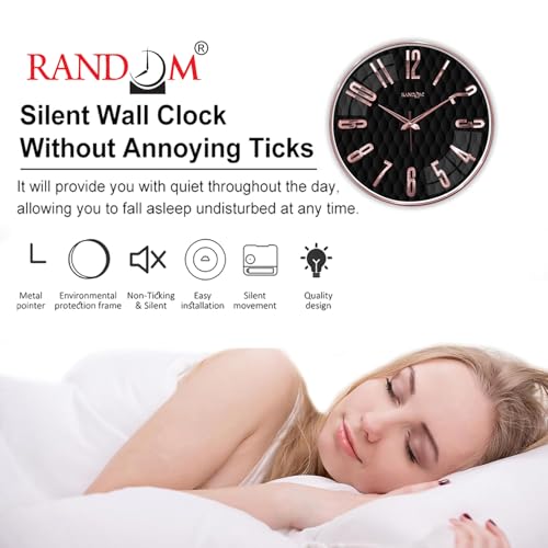 Image of RANDOM Sweep Silent Wall Clock, Non-Ticking Quartz Movement with 3D Foiling Numbers. (Black and Rose Gold)