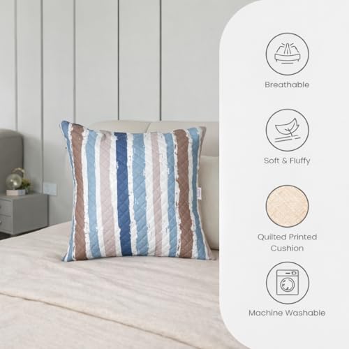 Image of STITCHNEST 'QuadraNest' Series Printed Quilted Velvet Cushion Cover 16x16 Inch Set of 5 | Premium Soft Fabric, Washable & Fade Resistant | Decorative Living Room Cushion Covers | Blue & Beige Striped