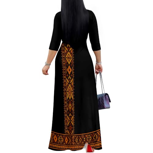 Image of Plus Size Maxi Dress for Women V Neck 3 /4 Sleeve Wrap Dress Black Aztec L | Black Aztec Geometric Women's Maxi Dress