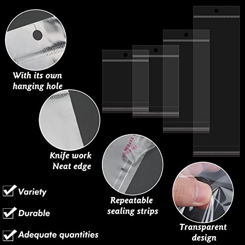 400Pcs Self Sealing Bag with Hang Hole Resealable Storage Bag Clear Plastic Hanging Bag for Packaging Necklaces Earrings Jewelry, 3.5 x 4.7inch, 3.5 x 5.5inch, 3.5 x 7.8 inch, 3.5 x 11.8 inch - Thumbnail 4