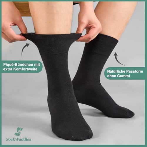 SockWaddles 6 Paar Diabetikersocken ohne Gummibund & ohne Naht 97% Baumwolle, Diabetiker Socken mit Komfortbund Hautfreundlich & Atmungsaktiv baumwollsocken für Damen Herren Schwarz 43-46
