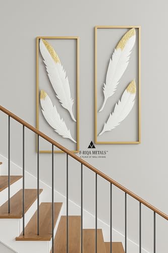 Image of F-RIQA METALS Feather Metal Wall Art Set of 2 | Premium Gold & White Modern Wall Decor | Handcrafted Iron Wall Hanging for Living Room, Bedroom & Office | 36 x 13 Inches Luxury Wall Hanging Decoration for Living Room, Bedroom, Hallway & Office (Baroque)