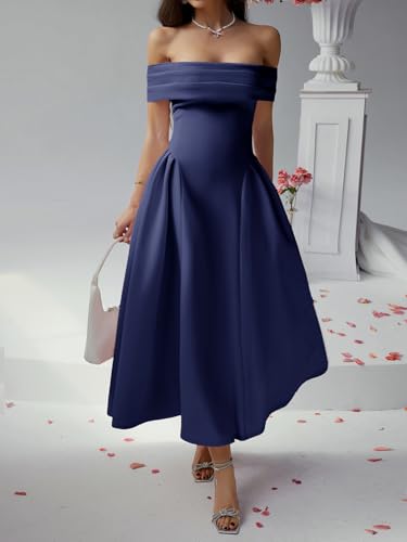 Formal Cocktail Off Shoulder Dresses for Women Elegant Swing Aline Wedding Guest Engagement Party Midi Dress2