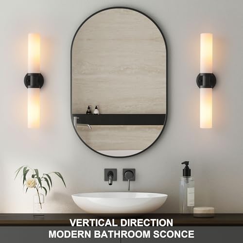 Wall Sconces Set of Two,Matte Black Bathroom Sconces Wall Lighting with White Glass, Modern Sconces Wall Decor Set of 2 Wall Light fixtures for Bathroom Mirror Living Room Hallway Bedroom Wall Lamp
