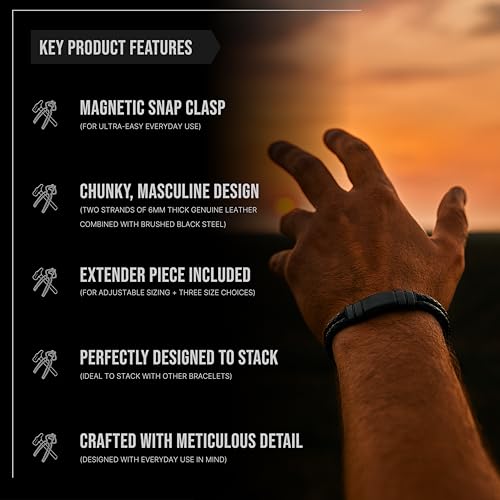 Forge & Foundry Men's Adjustable Black Leather Bracelet | Genuine Woven Leather with Stainless Steel Snap Clasp | Design-Led, Artisan Jewellery from London | Double Strand, Brushed Black Clasp [Navarro]3