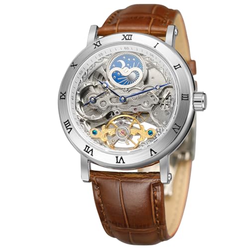 Image of FORSINING Men's Self Winding Automatic Watch Tourbillon Analog Skeleton Movement Moon Phase Wrist Watch with Genuine Leather Strap