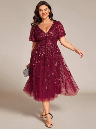 Image of Ever-Pretty Womens Embroidered Tulle Plus Size Cocktail Evening Party Dress A-Line Midi Wedding Guest Dresses for Curvy Women